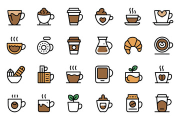 Assortment of delicious coffee drink icons and beverages