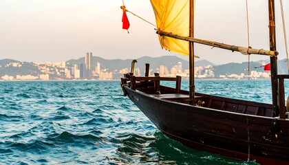 Wooden boat with sail, city skyline in background
