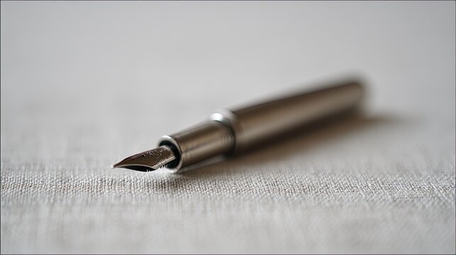 Close-up of a metallic fountain pen on a light fabric