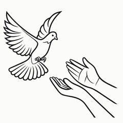 A white dove with outstretched wings flies down towards two open cupped hands against a white background