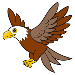 Cartoon illustration of a brown eagle with white head and yellow beak in flight against a black background