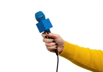 Hand holding a blue interview microphone isolated on transparent background