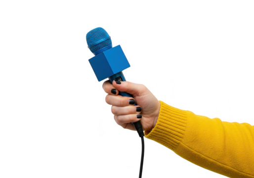Hand holding a blue interview microphone isolated on transparent background