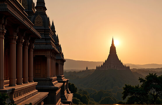 serene dawn breaks mahabodhi temple complex bodh gaya warm golden light illuminating intricately carved stone facades lush
