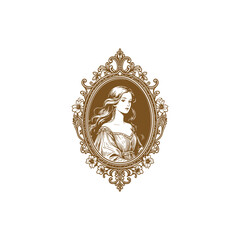 engraving-style logo illustration featuring a beautiful woman framed by an ornate vintage mirror. Elegant linework emphasizes sophistication and classic beauty, perfect for fashion, luxury