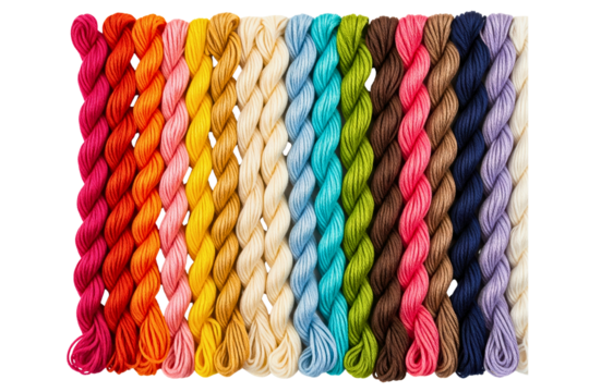 Colorful rainbow collection of embroidery floss for needlework isolated on a transparent background