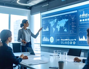 Businesswomen engaged in a presentation using a large interactive display.