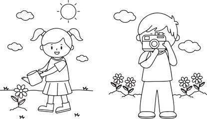 Boy Taking Photo – Camera, Photography, Outdoor, Nature, Child, Cute, Hobby, Cartoon, Illustration, Minimal, Outline, Flowers, Happy, Park, Grass, Photographer, Activity, Doodle
