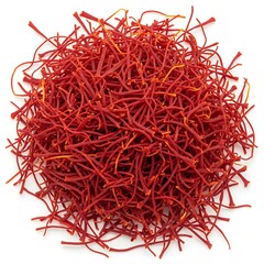 Naklejka premium Pile of dried red saffron threads, isolated on white background