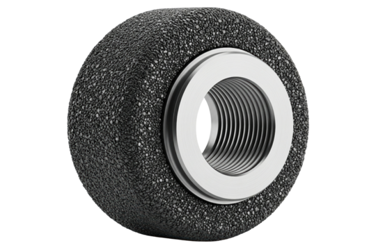 Industrial foam roller wheel with threaded metal insert inside isolated on a transparent background