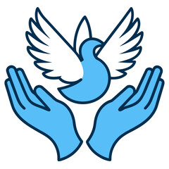 Stylized blue dove with outstretched wings held gently within two open cupped hands against a black background