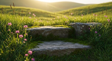 Obraz premium Ancient Mossy Steps Leading Through a Sun-Kissed Wildflower Meadow