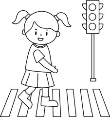 Girl Crossing Road – Safety, Crosswalk, Traffic Light, Urban, City, Child, Learning, Education, Walking, Cute, Cartoon, Minimal, Illustration, Clouds, Nature, Drawing, Outline, Pedestrian