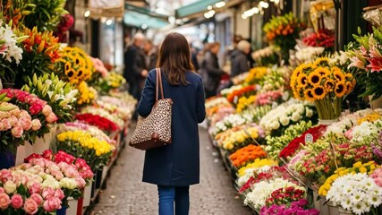 A woman walks through a vibrant and colorful european flower market admiring the beautiful fresh bouquets of roses lilies and sunflowers on a spring day shopping for plants - Powered by Adobe