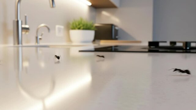 Several small black ants crawl across a clean white countertop in a modern kitchen representing a common household pest infestation problem that requires extermination and control