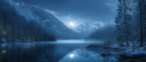 Moonlit Night Over a Misty Lake and Snow-Covered Mountains
