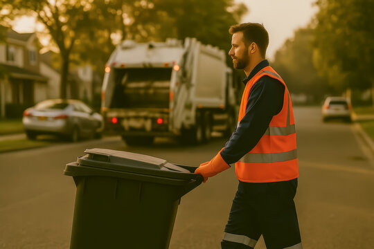 Garbage collector pushing bin in residential neighborhood at dawn