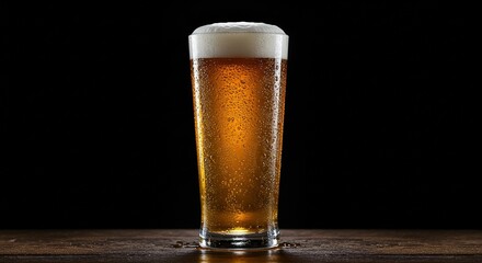 A pint of beer with condensation on the glass against black background