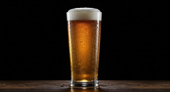 A pint of beer with condensation on the glass against black background