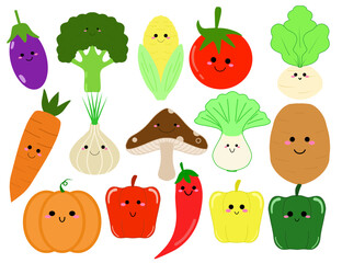 Fototapeta premium Cute Vegetable Clipart Set – Kawaii Food Illustration in Vector