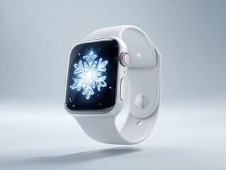 A white smartwatch with a luminous snowflake displayed on its dark screen, floating against a light grey background