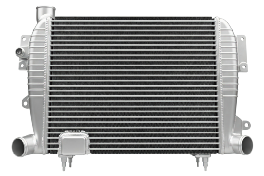 Silver aluminum car engine intercooler for the cooling system isolated on a transparent background