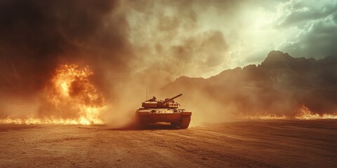 Tank amidst inferno. War, destruction, conflict, fire, military, battlefield, apocalypse, chaos, devastation.