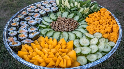 Large platter of assorted sushi, fruits, and vegetables