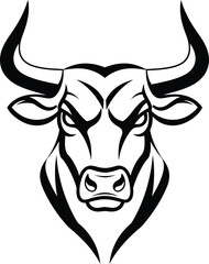 A powerful and fierce black and white vector illustration of a bull's head with large horns, symbolizing strength, aggression, and a determined, unyielding competitive spirit. Perfect for sports.