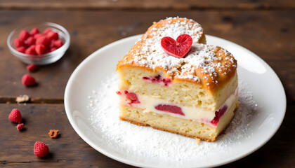 Heart-shaped raspberry cake slice with powdered sugar garnish  