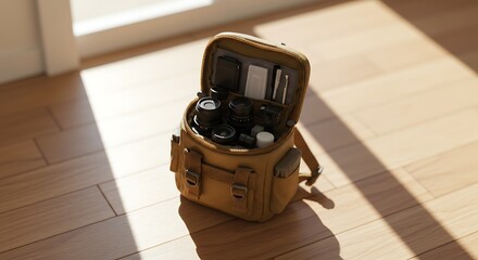 An open camera bag filled with professional photography gear sits on a wooden floor, illuminated by warm morning sunlight.