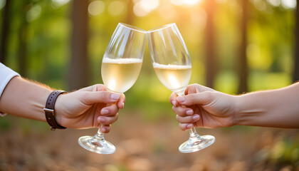 Two people toasting with champagne glasses in a sunny forest  