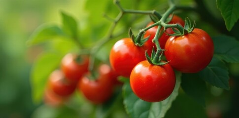 Clusters of plump organic tomatoes hanging heavy, red, growth
