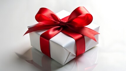 Obraz premium A simple white gift box with a vibrant red ribbon and bow, tied neatly, isolated on white background, perfect for any special occasion