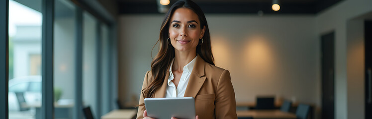 poised latin american executive stands confidently modern office setting gazing directly viewer tablet hand