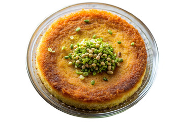 A top down view of a kanafeh dessert with pistachios in a round glass container