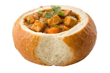 Close up of a bread bowl filled with stew and garnished with fresh cilantro leaves on top