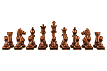 Full set of dark wood classic chess pieces for a strategy game isolated on a transparent background