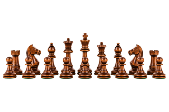 Full set of dark wood classic chess pieces for a strategy game isolated on a transparent background
