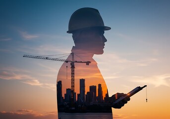 Construction engineer with cityscape and crane double exposure