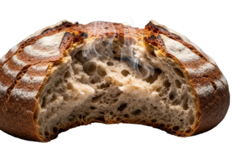 Artisanal whole wheat bread, torn open, steaming fluffy golden interior, crispy umber crust. isolated on transparent, extreme close-up macro, inviting rustic perfection
