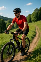Obraz premium Cyclist pedaling mountain bike on dirt trail, wearing protective gear amid scenic countryside setting