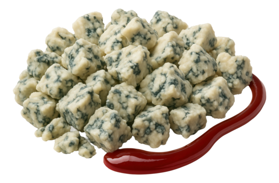 Thick blue cheese crumbles with a thin line of ketchup at the boundary.