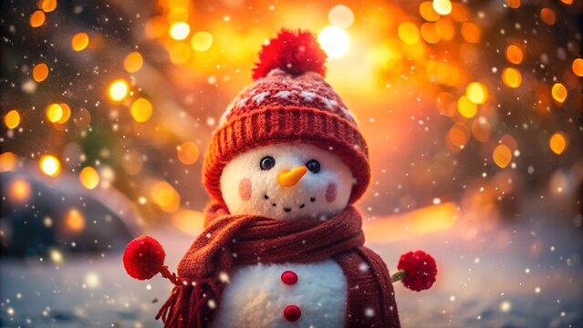 A closeup portrait of a cute snowman wearing a red knitted hat and scarf, with festive bokeh lights and falling snow in the background, evoking a warm holiday spirit