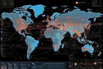 A stylized world map depicting global network activity, shown with glowing nodes and connecting lines, varying in intensity from orange to red, suggesting data flow or signal strength. 