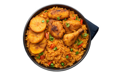 Overhead shot of jollof rice with chicken and plantain in a dark bowl on white background