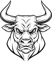 A powerful and fierce black and white vector illustration of a bull's head with large horns, symbolizing strength, aggression, and a determined, unyielding competitive spirit. Perfect for sports.