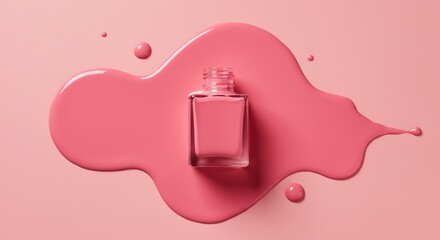 Artistic Top-Down View of a Pink Nail Polish Bottle in a Glossy, Organic Spill with Droplets