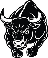 A powerful and aggressive black and white vector illustration of a muscular bull in a charging pose, symbolizing raw strength, unstoppable force, and a determined, competitive spirit.