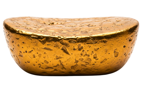 Single curved gold bullion bar with a rough textured surface isolated on a transparent background